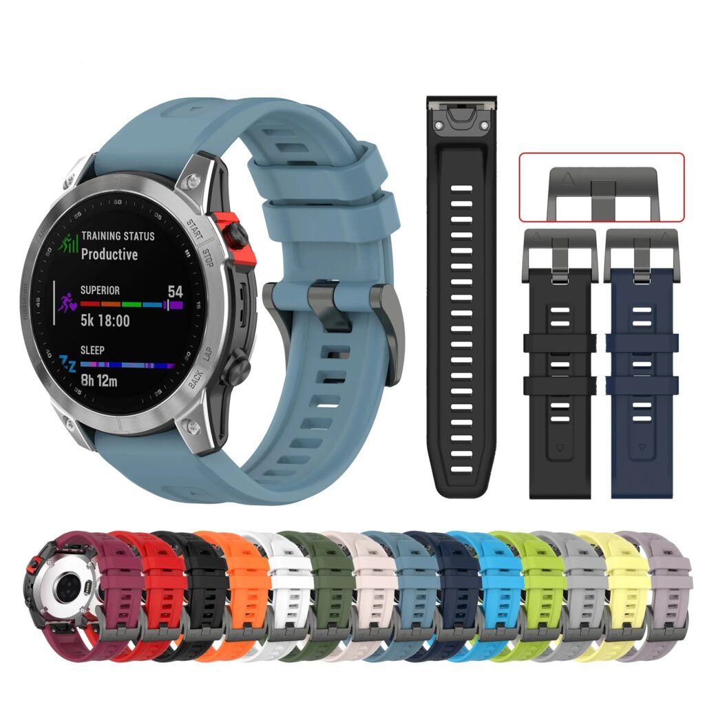 Close up of a Garmin smartwatch with a high quality silicone replacement strap