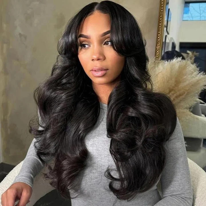 Glueless wig styling demonstration showing natural movement and texture