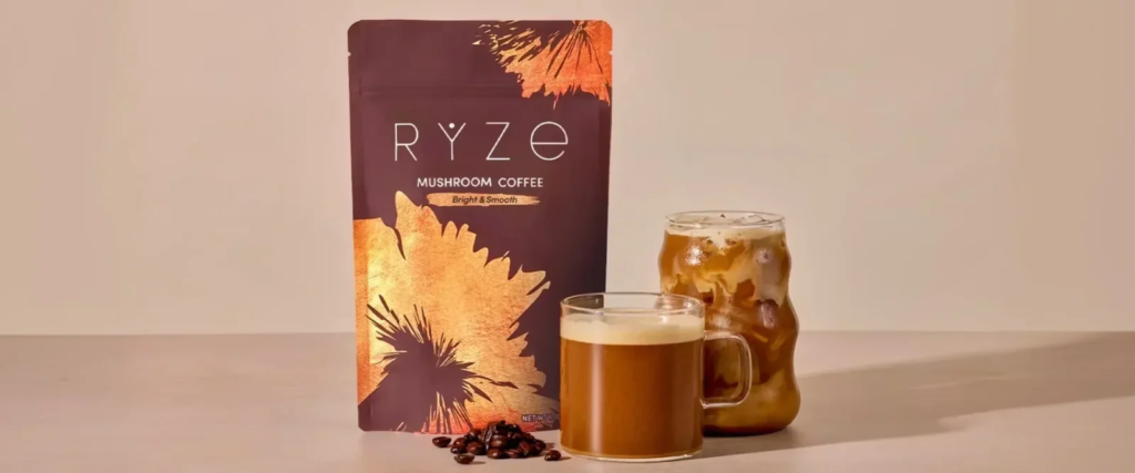 A freshly brewed cup of RYZE Mushroom Coffee highlighting its smooth texture